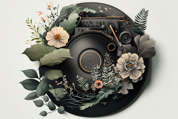 Generative AI Illustration of open turntable with vinyl record in flowers and plants on gray background