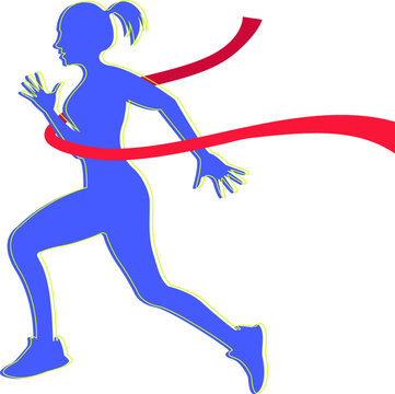 The winner was the first to reach the finish line with a red ribbon. Blue silhouette of a woman running through a red ribbon. 