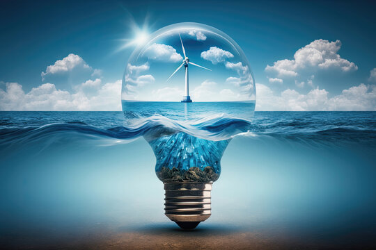 Light bulb with isolated wind turbine inside, blue sea. Generative AI