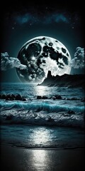 This photo illustration of a nighttime ocean and sky with a full moon would make an excellent travel background for any trip or holiday. Generative AI