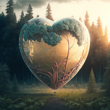 Floating heart balloon with natural trees and mountains, ai generated illustration