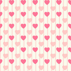 Valentine romantic Seamless Pattern. Pink Hearts on pastel Background. Hearts seamless pattern with Vertical Stripes on light background.	