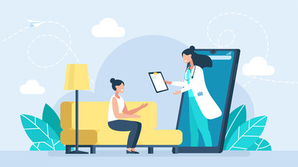 Doctor online concept. Mobile application female doctor. Woman in home using mobile app. Medication prescription. Consult online doctor. Smartphone screen with female therapist. Flat illustration