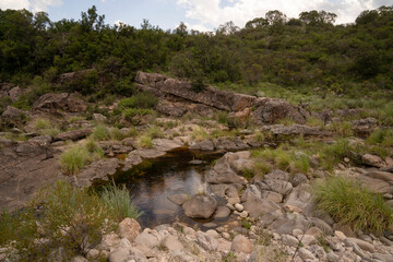 View of the stream flowing across the green meadow in the hills in Trompa de Elefante natural reserve in Cordoba, Argentina.
