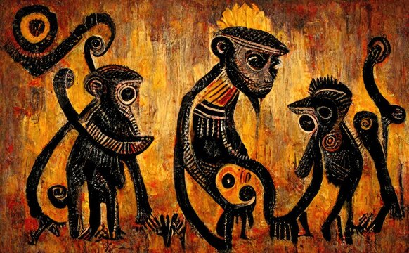 Monkeys in the wild savannah in Africa, painting in dark colors