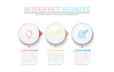Business infographics. 3 stages of achieving the goal. Stages of the workflow, development, marketing, plan or training. Business strategy with icon icons. Report or statistics schema
