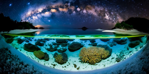 depth of the ocean and the depth of the sky,stars, constellations, moon, night, clouds, reef, water, calm,nature beauty