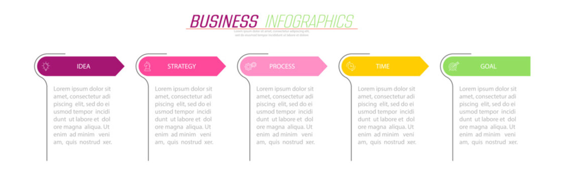 Business infographics. 5 stages of achieving the goal. Stages of the workflow, development, marketing, plan or training. Business strategy with icon icons. Report or statistics schema