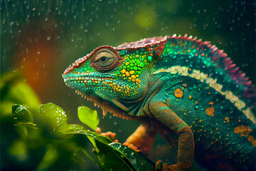 Lizard, macro, close-up view of a chameleon or gecko in green. Splashes and drops of rain, wet weather. - obrazy, fototapety, plakaty