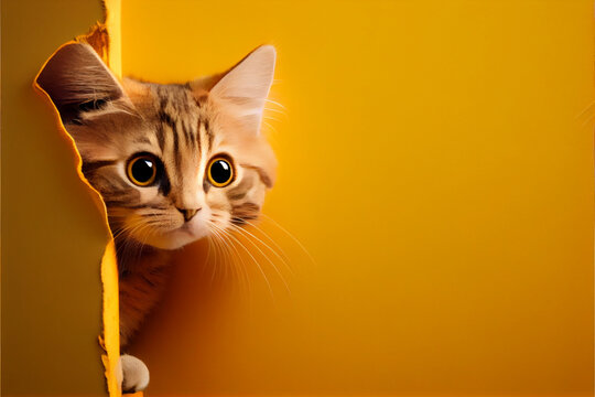 Kitten, funny frightened, curious cat peeks out from around the corner. Yellow wall.