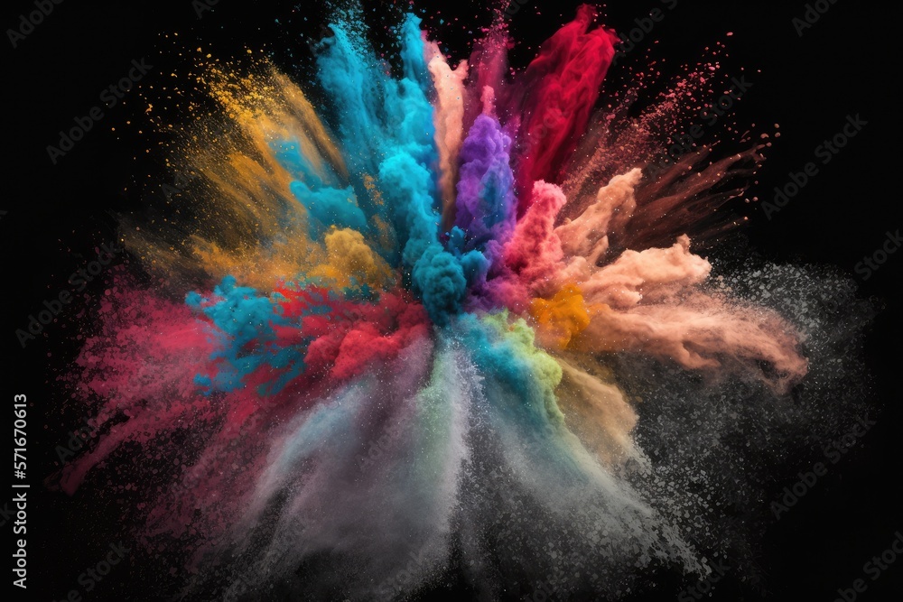 Poster abstract multi coloured powder splattered backdrop, freeze frame of color powder throwing exploding,