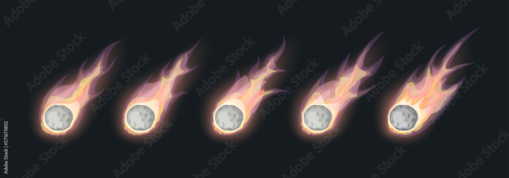 Poster cartoon color asteroid or comet with textured surface animation set cosmos object concept flat desig