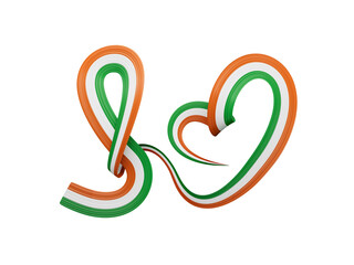 3d Ireland wavy ribbon flag, heart shaped Ireland flag on white background, 3d illustration