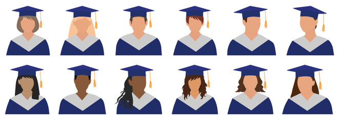 Set of graduate students  in graduation cap.  Vector illustration