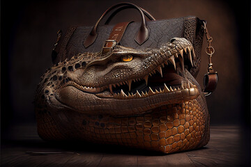 Crocodile bag. Graceful expensive women's bag made of crocodile skin. - obrazy, fototapety, plakaty