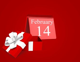 Small red gift box with desk calendar, Valentine's Day concept
