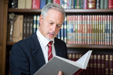 Businessman reading a book in his library