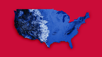 USA map with the flag Colors Blue and Red Shaded relief map 3d illustration