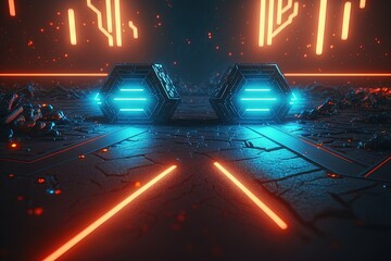 Naklejka premium Cyber Sci Fi Futuristic Neon Laser Electric Glowing. Generative AI.