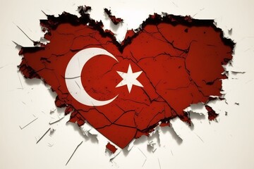 A wallpaper with a crack in it, revealing a heart-shaped Turkish flag isolated in white background