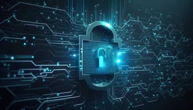 Digital cyber security shield padlock, modern technology abstract background concept generative ai