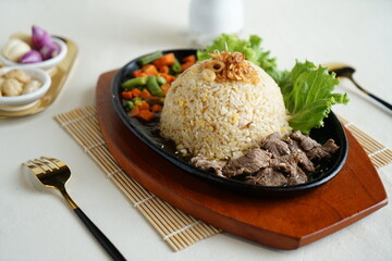 Nasi Goreng daging sapi  Fried Rice with beef. on white background