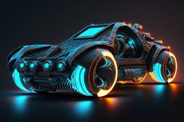 Naklejka premium Sci Fi Futuristic Hallway Showcase Stage Room Big Triangle Alien Blue Light CAR Orange Neon Back Lights Rough Grunge Underground 3D RenderingAI generated art illustration. 