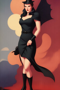art deco style retro witch. illustration, generative ai.
