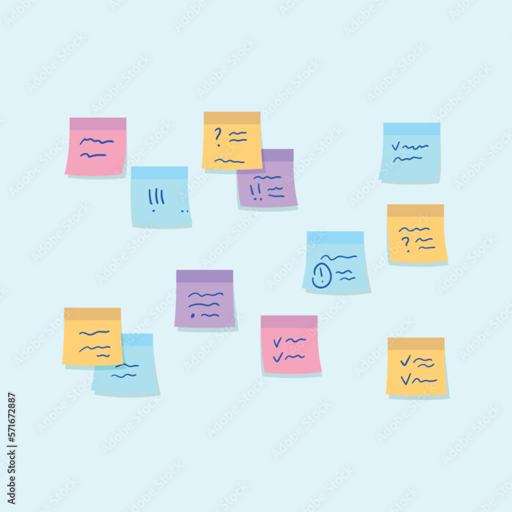 Poster cartoon color different sticky note with message set concept flat design style. vector illustration 