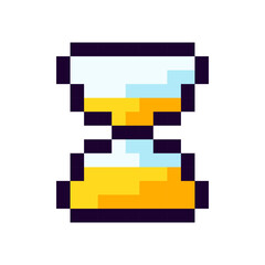 Hourglass Pixel Art gaming item. Game pixel hourglass icon, hourglass 8Bit game resource. Pixelart vector Illustration isolated on white background.