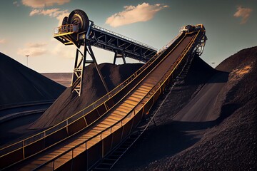 industry belt conveyor moving mining raw coal materials from mine. Generative AI - obrazy, fototapety, plakaty