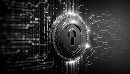 Stealth black and white cyber security padlock concept, technology abstract future background generative ai