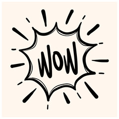 Hand drawn cloud speech bubble element with wow text. Comic doodle sketch style. Explosion cloud icon. Isolated vector illustration.