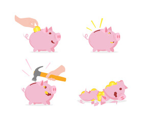 Cartoon Color Broken Piggy Bank Set Saving and Economy Concept Flat Design Style. Vector illustration of Pig Moneybox and Coin