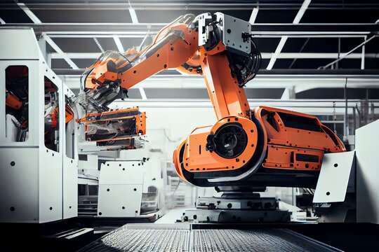 Splendid of automotive industry with assembly line conveyors. Advance modern high-tech vehicle assembly plant. Robotic arm welding bodywork, car frame. Generative AI