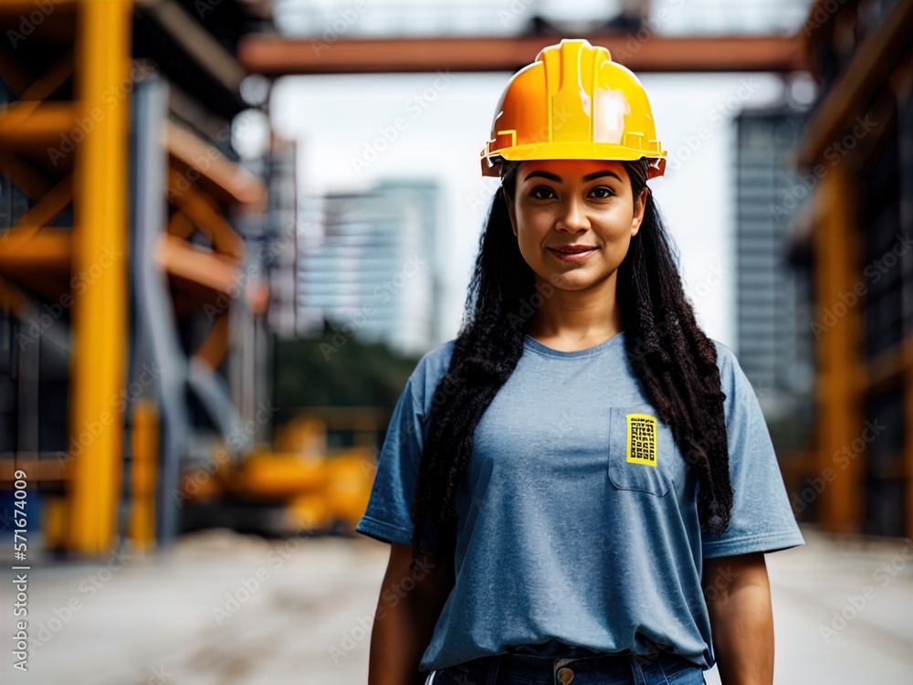 Wall mural Woman wearing hard hat on a construction site. Made with Generative AI.	
