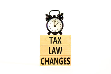 Tax law changes symbol. Concept words Tax law changes on wooden blocks on a beautiful white table white background. Black alarm clock. Business tax law changes concept. Copy space.