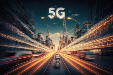 In a smart city, the internet and contemporary creative telecommunications are connected. Future internet of things and wireless 5G connectivity concept. Generative AI