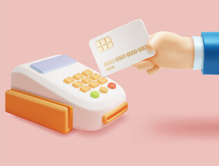3d Hand Holding Credit Card and Terminal Wireless Mobile Payment Concept Plasticine Cartoon Style. Vector illustration