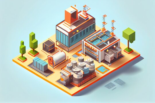 Technology In The Manufacturing Industry Optimization Of Maintenance Facilities. Modern Isometric Smart Factory Manufacturing Facilities. Generative AI