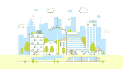 Green City Concept Color Contour Linear Style Ecological Transportation Infrastructure . Vector illustration of Lineart Cityscape Horizontal