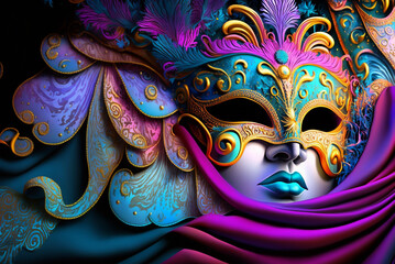 Fantasy Elaborately embroidered carnival festive fabrics with carnival mask, generative ai.