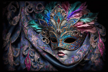 Naklejka premium Fantasy Elaborately embroidered carnival festive fabrics with carnival mask, generative ai.
