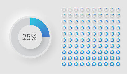 Percentage diagram 3D icons. Pie chart. Progression from 1 to 100. Neumorphism style.