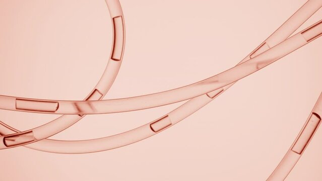Macro of beige transparent liquid is flowing in four transparent lab connecting tubes in different directions in pairs on beige background | Abstract serum with lactic acid formulating concept