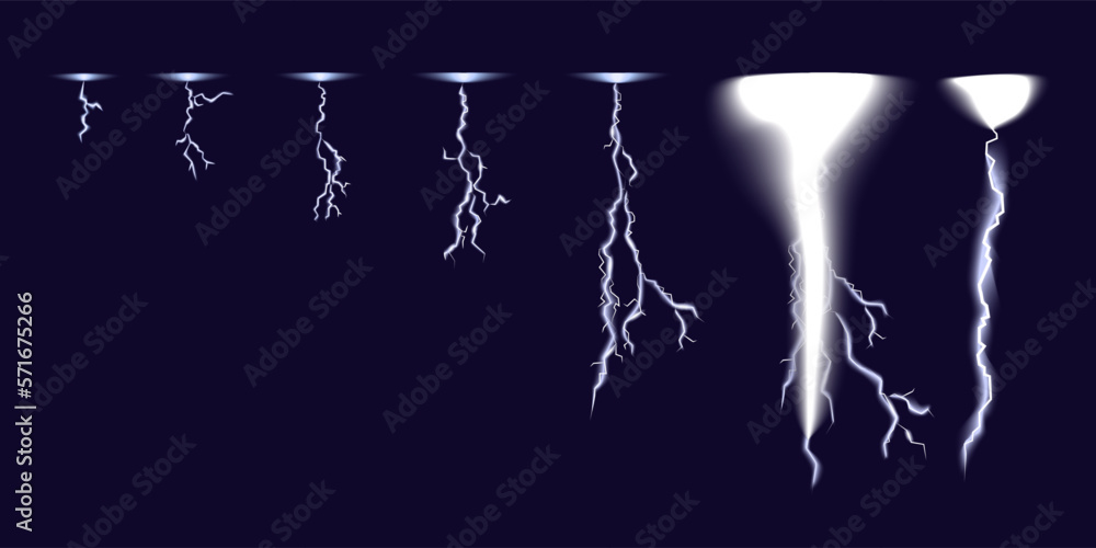 Poster cartoon color lightning flash animation effect set thunderstorm concept flat design style for game. 