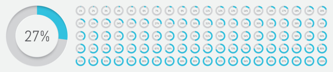 Percentage diagram 3D icons. Pie chart. Progression from 1 to 100.