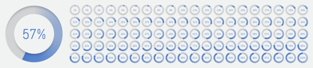 Percentage diagram 3D icons. Pie chart. Progression from 1 to 100.