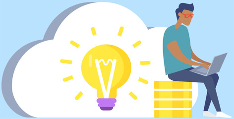 Man creates idea of new project, planning startup. Businessman works with computer, makes money, light bulb isolated on white as symbol of creative idea, new solution. Business technology design