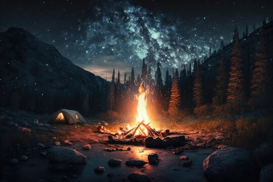 Exploring the wilderness in summer. A glowing camp fire at dusk providing comfort and light to appreciate nature, good times and the night sky full of stars. Photo composite. Generative AI